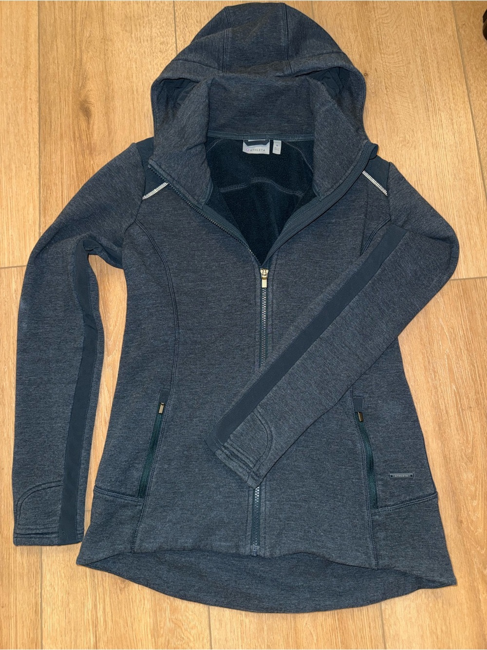 Athleta Heathered Charcoal Hooded Zip-Front Utility Jacket